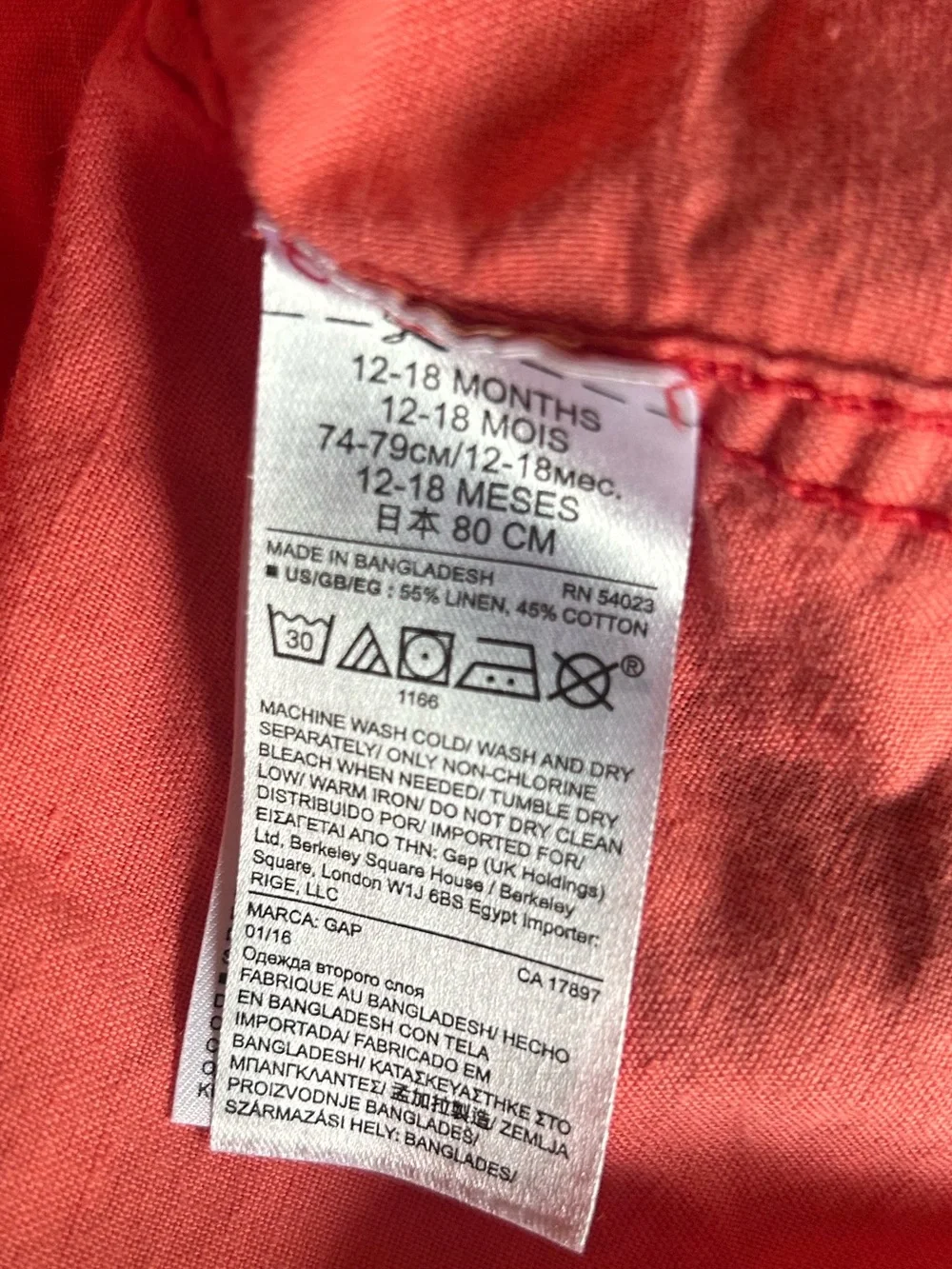 Gap Coral Red Button Down Shirt 12-18 Months Linen Cotton Kids